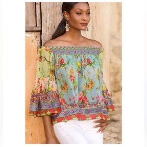 Ruby Yaya Botanica Bellagio Embroidered Bell Sleeves Off The Shoulders Blouse S